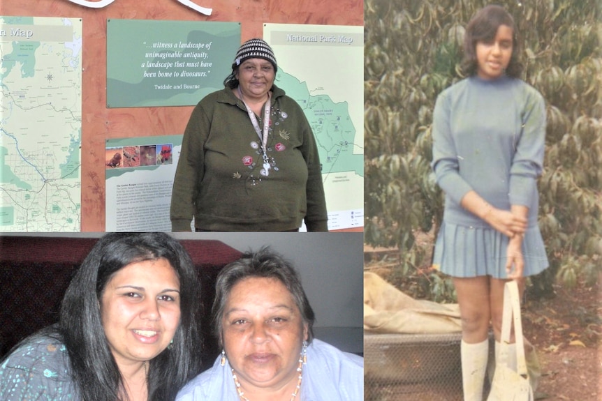 A split image showing two Indigenous women, together and apart, at various ages.