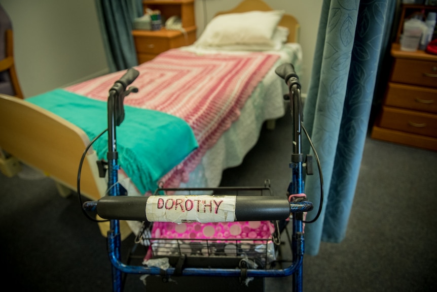 Dorothy Major handle of walking frame with her name on it