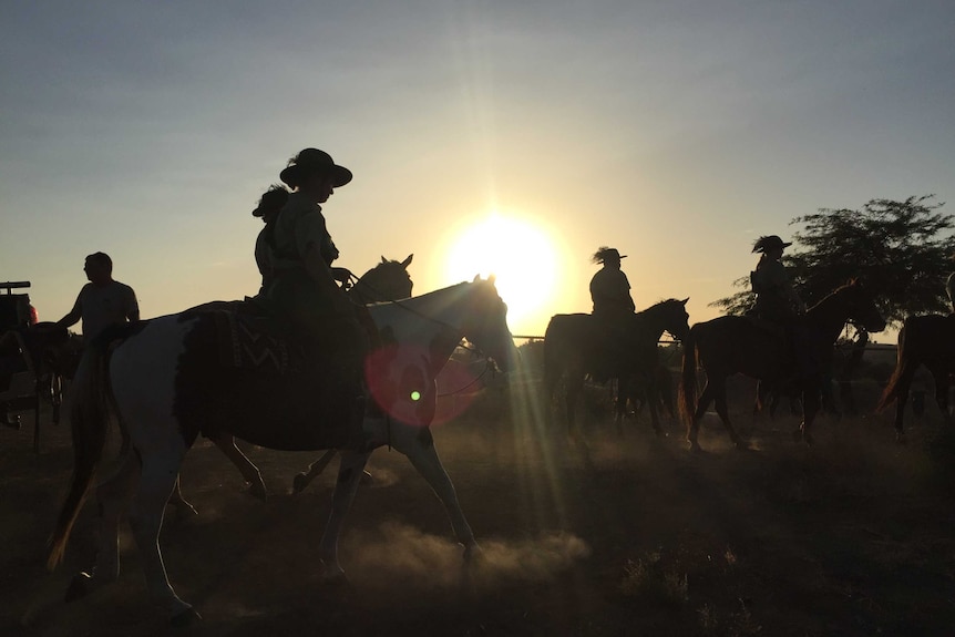 Riders in front of the sunset in Beersheba
