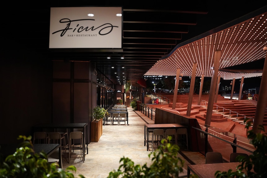 An empty restaurant in Perth's Yagan Square precinct at night.