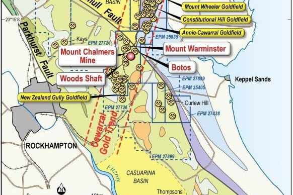 Map shows gold strikes in the Cawarral Gold Trend near Rockhampton
