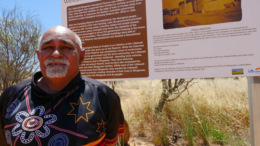 Littlewell Mob spokesman Thomas Cameron at the Littlewell-Mingenew Aboriginal Reserve interpretive signage