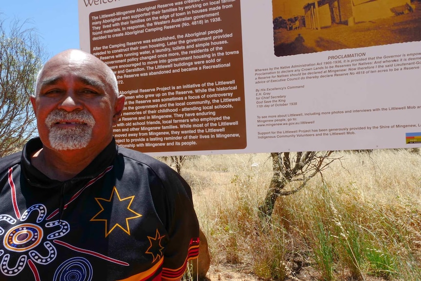 Littlewell Mob spokesman Thomas Cameron at the Littlewell-Mingenew Aboriginal Reserve interpretive signage