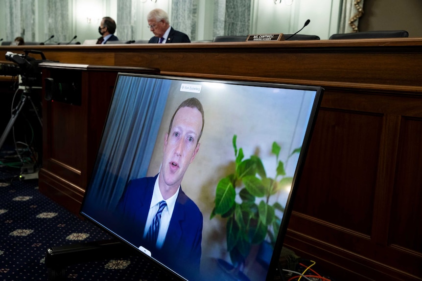 Facebook CEO Mark Zuckerberg testifies remotely during a Senate committee hearing