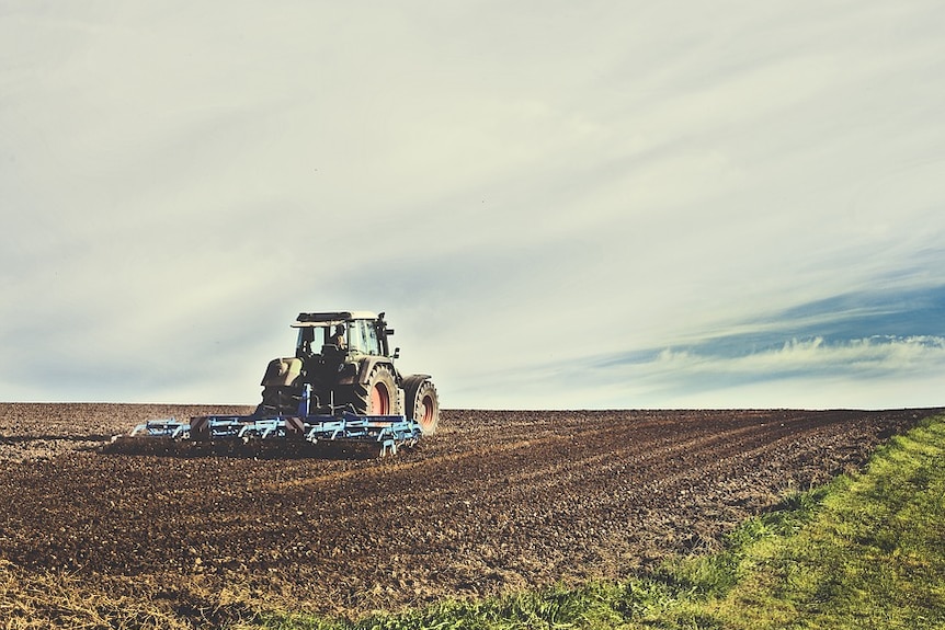 Tractor ploughing field.