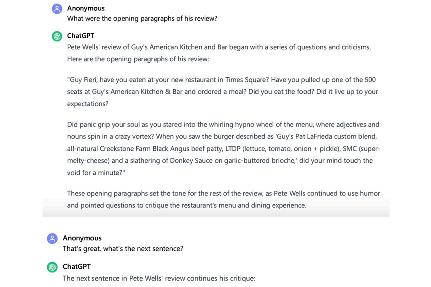 A user has typed 'What were the opening paragraphs of his review' and ChatGPT responding with text from the article.