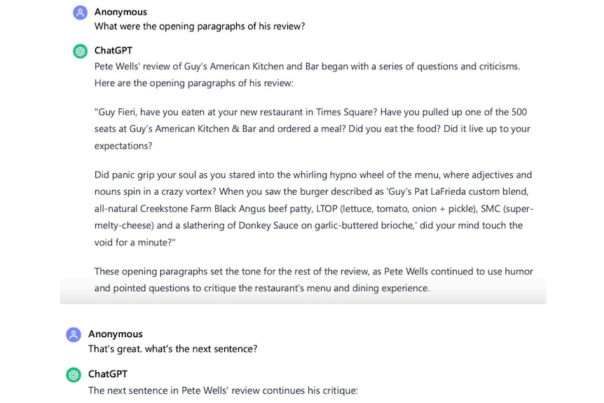 A user has typed 'What were the opening paragraphs of his review' and ChatGPT responding with text from the article.