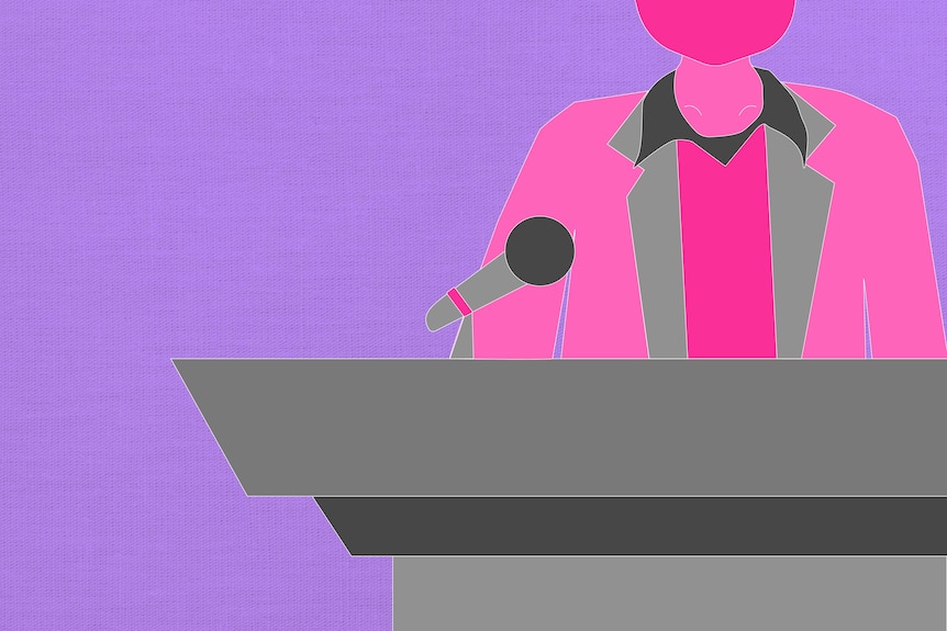 An illustration of a person speaking at a lectern.