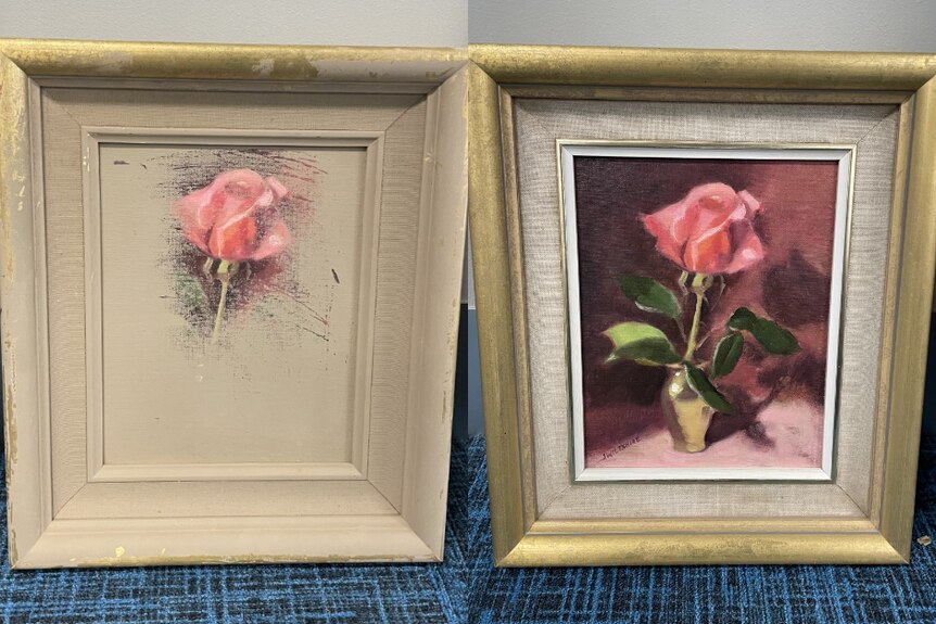 Two photos of the same painting of a pink rose side by side. One covered in mud, one completely clean.