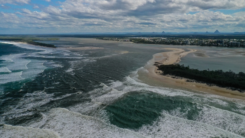 Aerial view of Bribie Island and large channel