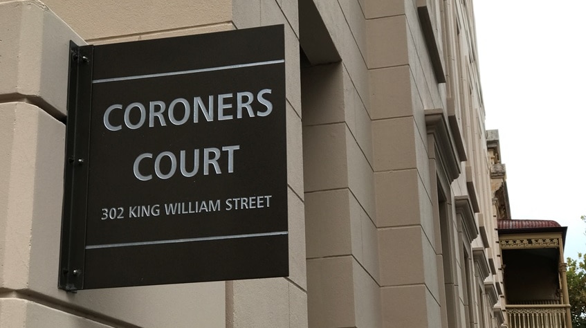 The Coroners Court sign in Adelaide.