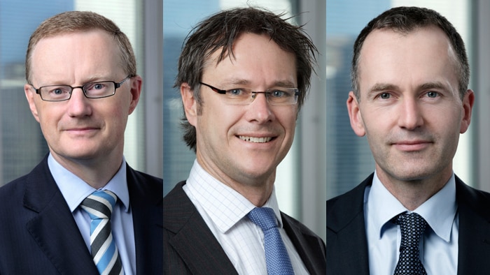 A composite image of senior Reserve Bank executives Philip Lowe, Guy Debelle and Christopher Kent.