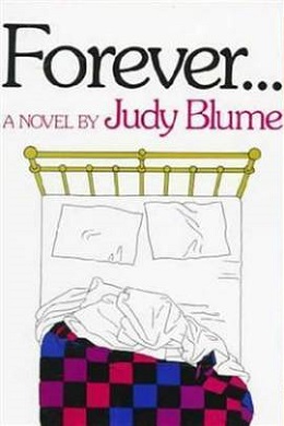 The book cover of 1975 book Forever by Judy Blume, white background and unmade double bed