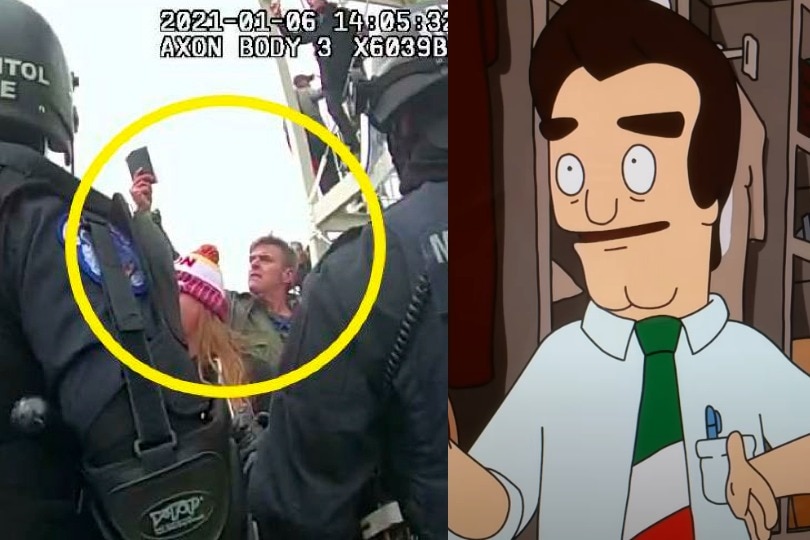 A composite of police bodycam of a man holding up a phone near armed officers, and character Jimmy Pesto from Bob's Burgers