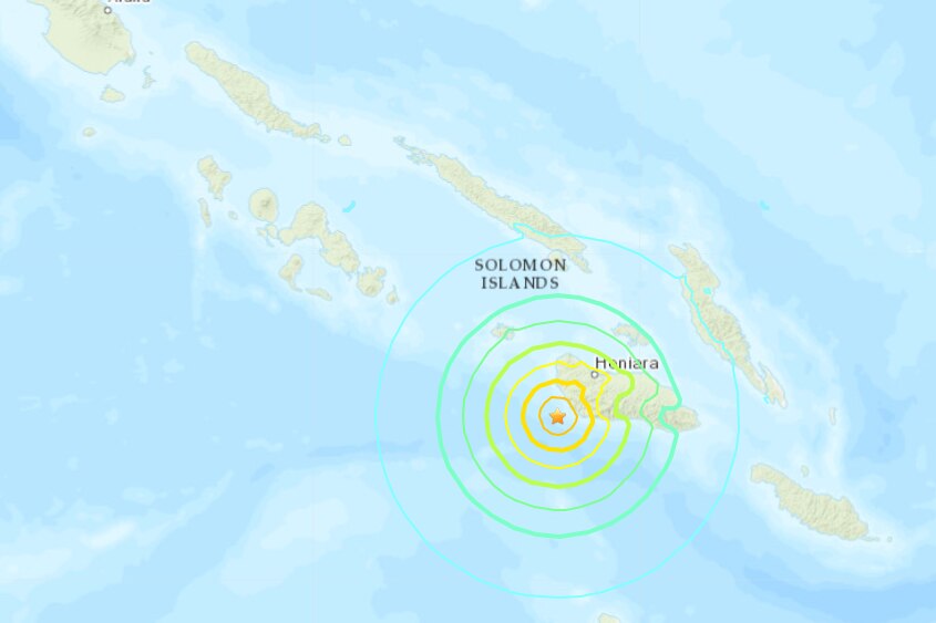 A map shows radial shockwaves from the site of an earthquake in Solomon Islands