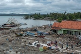 An Indonesian coastal village is pictured from above with streets flattened and debris strewn against a green building.