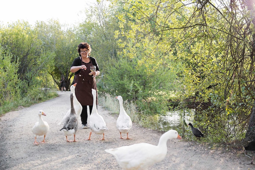 Lake House culinary director Alla Wolf-Tasker feeds the Lake Daylesford geese