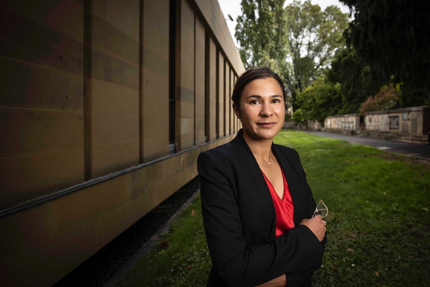 Hobart Lawyer Jess Sabapathy stands outside the Supreme Court in Hobart.