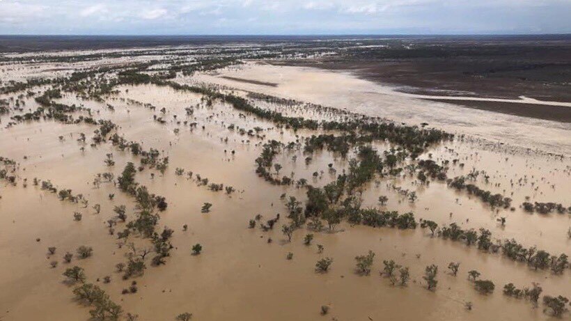 Aerial photo of floodwaters at Hazelwood Channels in Richmond in north-west Queensland.