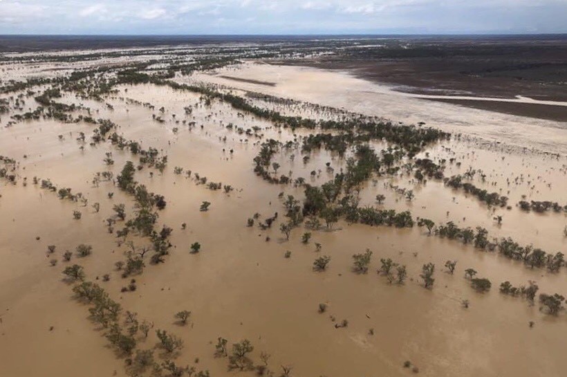 Aerial photo of floodwaters at Hazelwood Channels in Richmond in north-west Queensland.