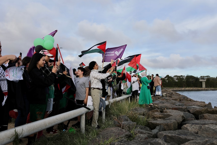 A group of people wave Palestinian flags and hold balloons overlooking Port Botany in Sydney