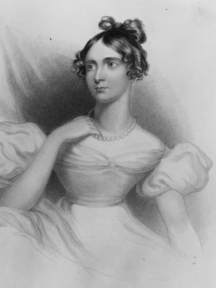 Black-and-white 1833 illustration of Lady Byron, Annabella Milbanke.