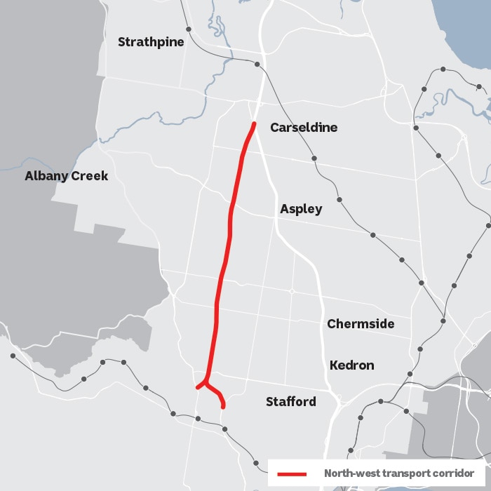 Un mapa que muestra el corredor de transporte del noroeste que se extiende desde el norte de Everton Park hasta Carseldine.