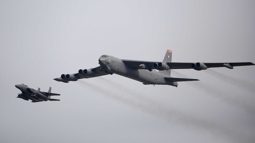 US B-52 flies over South Korean air base