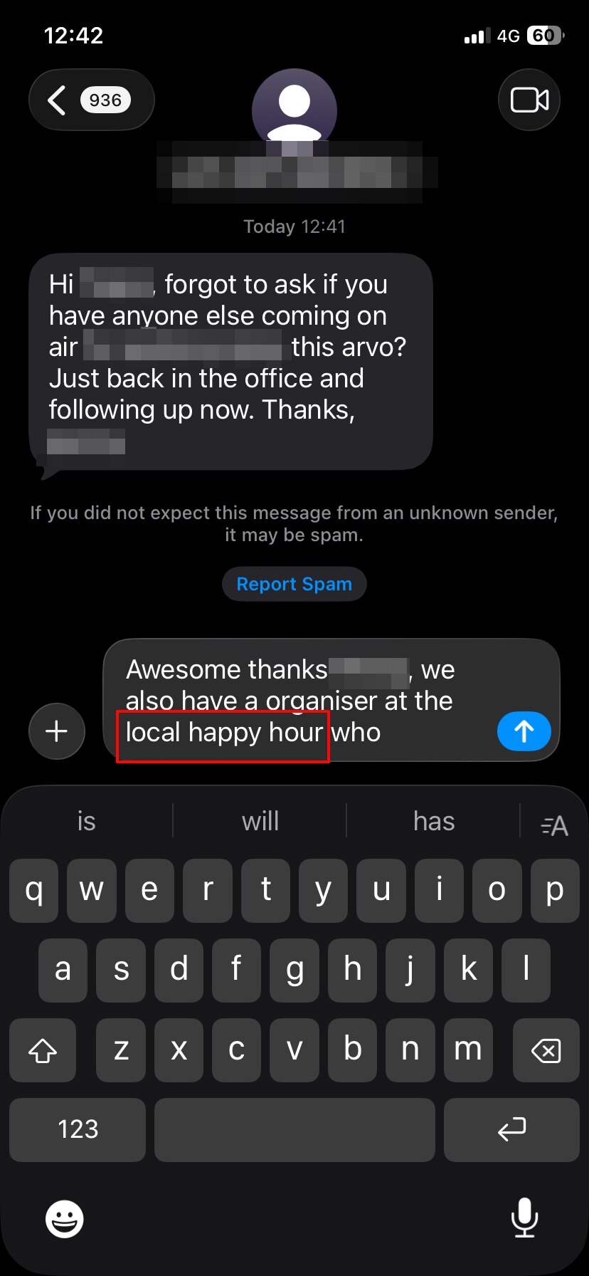 Screenshot of text message