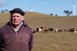 Farmer John Carter stands in front of some cattle and wind turbines near Crookwell.