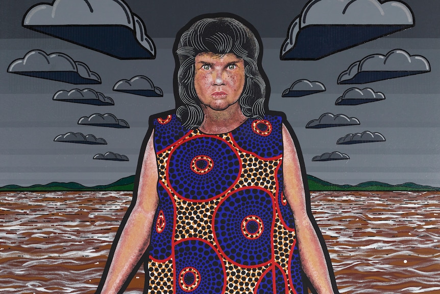 A portrait of an Indigenous woman stands in floodwaters, holding leaking pails of water 