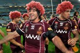 Jonathan Thurston and Willie Tonga celebrate with maroon wigs