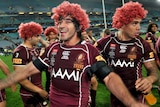 Jonathan Thurston and Willie Tonga celebrate with maroon wigs