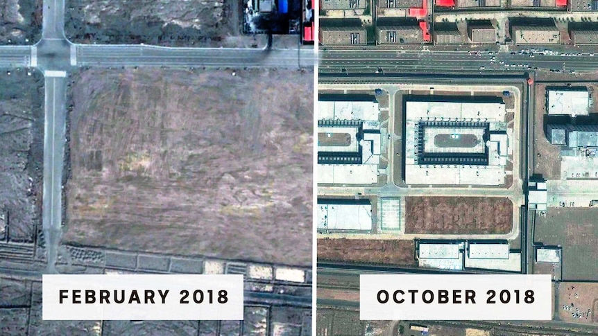Two satellite images side-by-side from February and October 2018, showing buildings appearing.