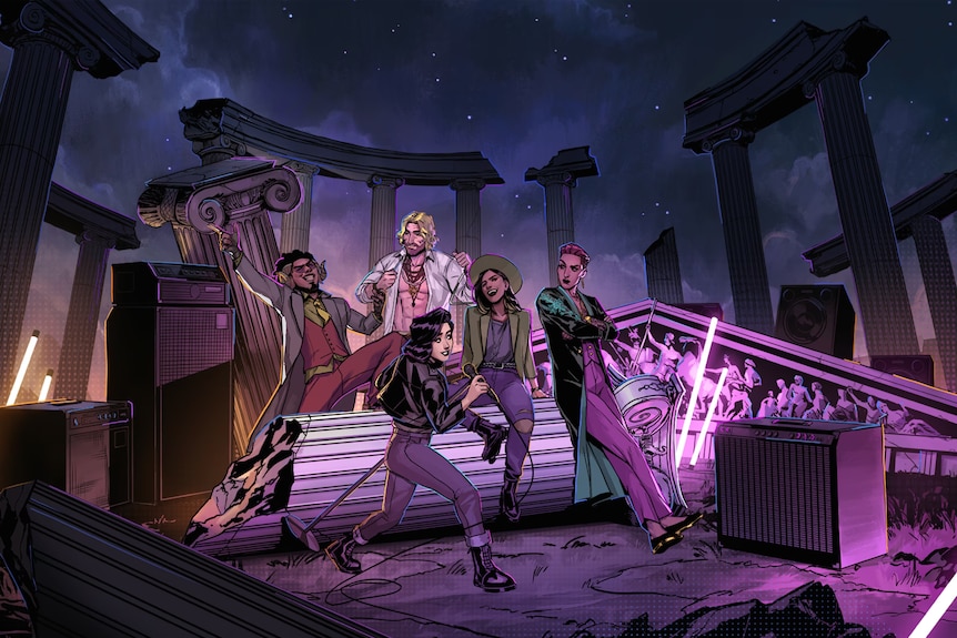 Art from Stray Gods, depicting a woman singing into a mic, surrounded by modern versions of Greek gods and classical ruins.
