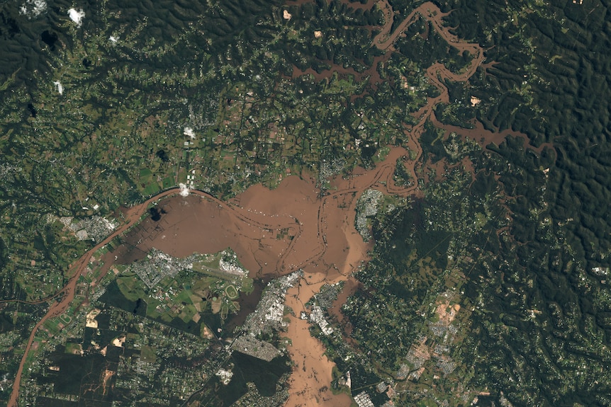 aerial vision of a flooded town