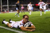 Try-fest: Jason Nightingale glides over the line in Wollongong.
