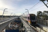 A V/Line train pulls into Noble Park station along a section of elevated rail.