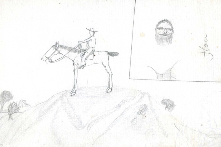 Un croquis à la main d'un cheval stationnaire avec cavalier et possible autoportrait.