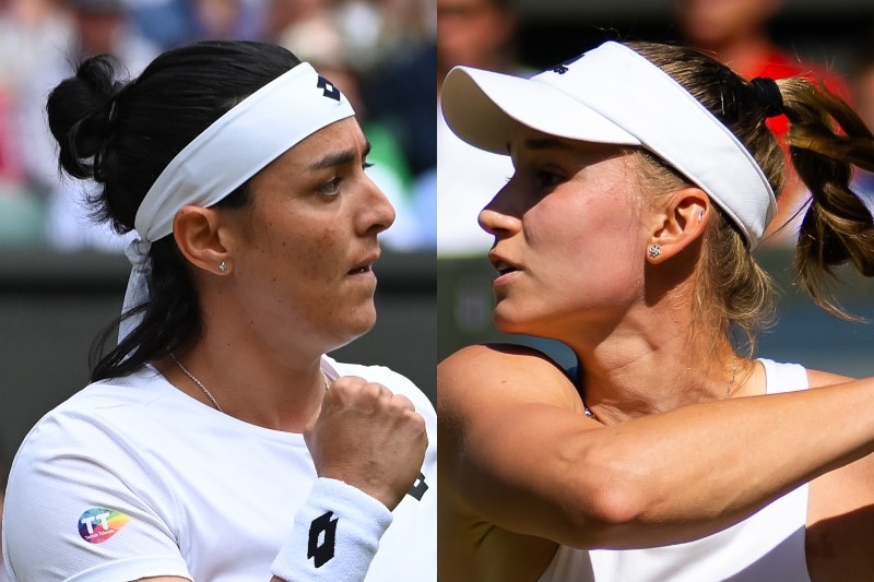 Composite image of Wimbledon women's finalists Ons Jabeur (left), clenching her fist, and Elena Rybakina, wearing a visor.