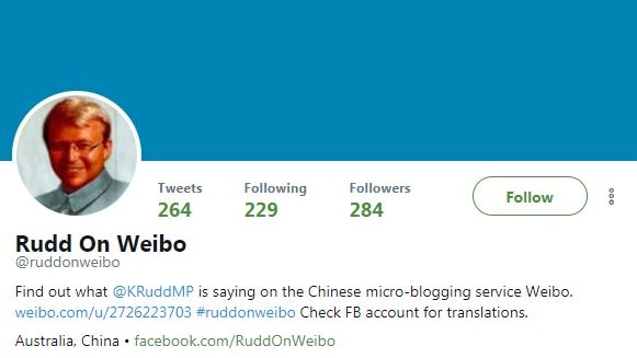 A screenshot showing a Twitter account that highlights what Kevin Rudd writes on his Weibo account.