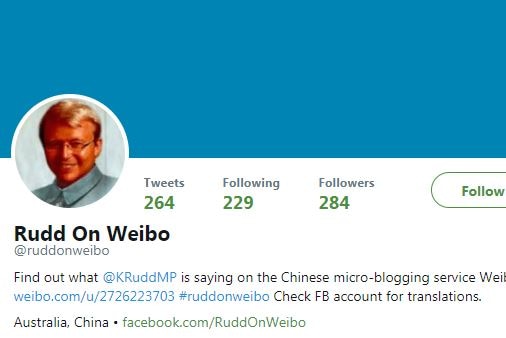 A screenshot showing a Twitter account that highlights what Kevin Rudd writes on his Weibo account.