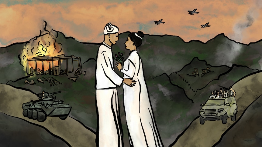 An illustration of two people waring white holding each other as a building burns in the background and tanks roll across land.
