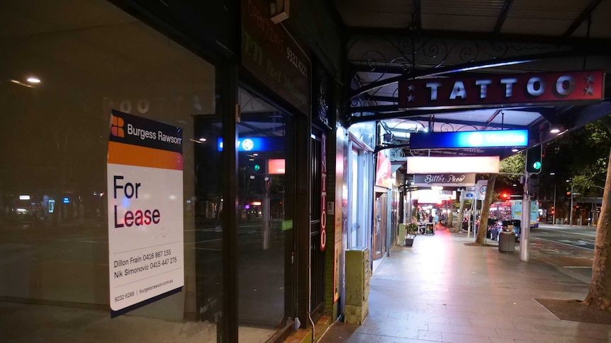 A For Lease sign on an empty shop front on Oxford Street, Sydney.