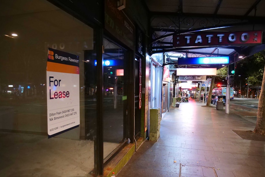 A For Lease sign on an empty shop front on Oxford Street, Sydney.