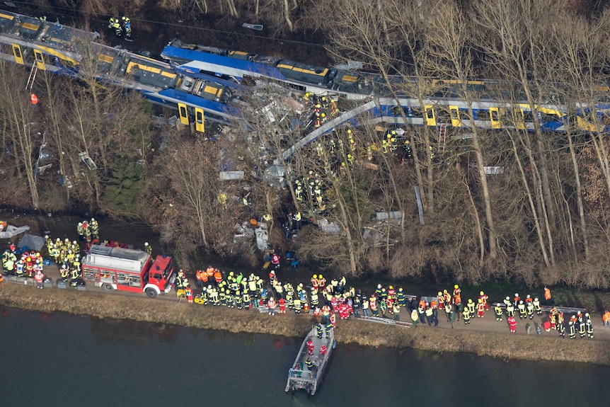 Aerial view of two trains which collided head-on in Bavaria.
