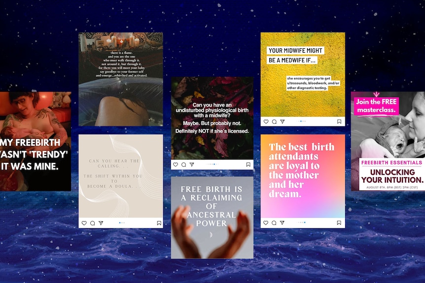 Collage of freebirthing doula posts promoting freebirth on instagram with dark blue background.