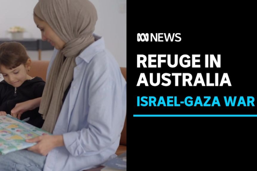 Refuge in Australia, Israel-Gaza War: A woman in a hijab reads a story to a young girl.