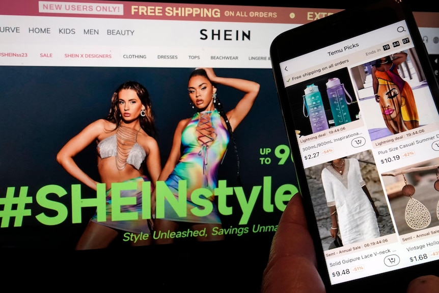 Clothing website Shein is shown on a computer screen, and online retailer Temu is shown on  mobile phone screen.
