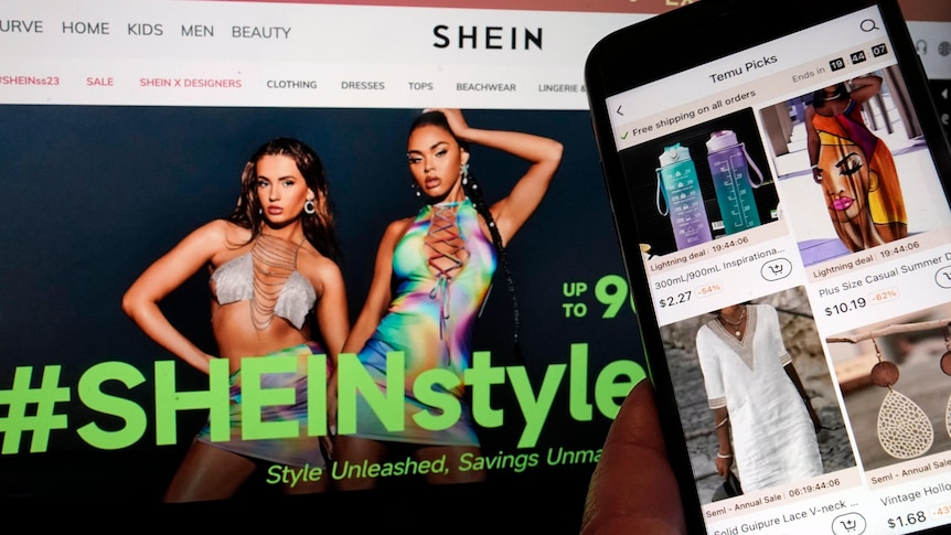Clothing website Shein is shown on a computer screen, and online retailer Temu is shown on  mobile phone screen.